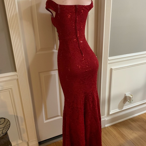 Women junior red lace sequins shoulder off maxi dress size (S) zipper back - Picture 11 of 13